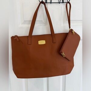 Brand new without tags Joy Mangano camel color Leather Tote with Pouch